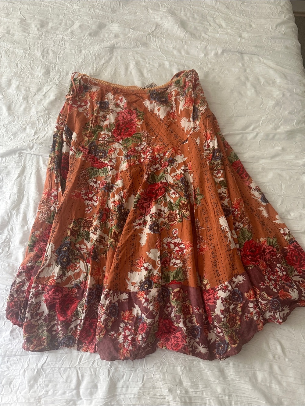 Rust Floral Tiered Midi Skirt with Elastic Waist great for FALL